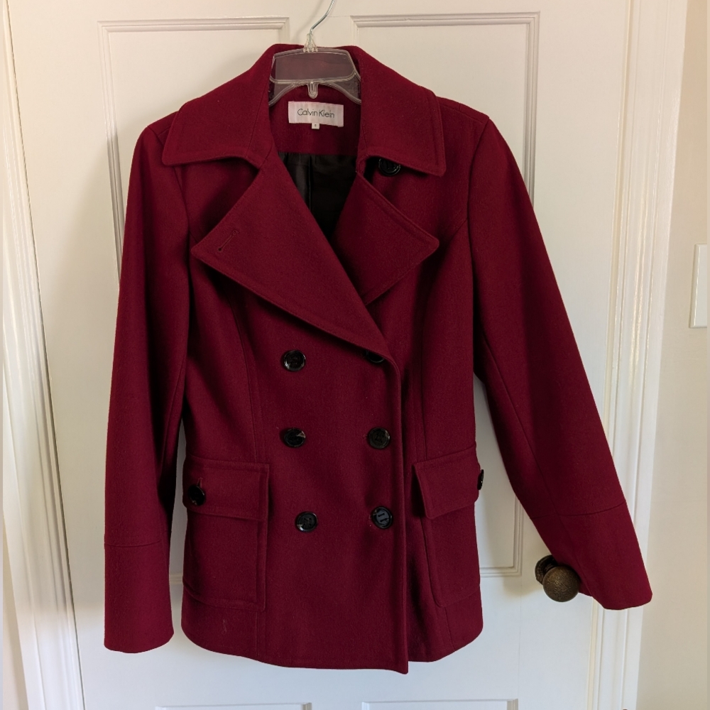 Calvin Klein Red Long Sleeve Wool Blend Polyester Lined Pea Coat Size 8